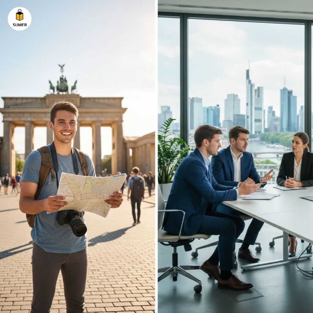 تصویر ترکیبی نشان‌دهنده تفاوت یادگیری زبان آلمانی برای سفر و مهاجرت؛ در یک سو توریست جوان با نقشه در برلین و در سوی دیگر جلسه کاری موفق در یک دفتر مدرن.