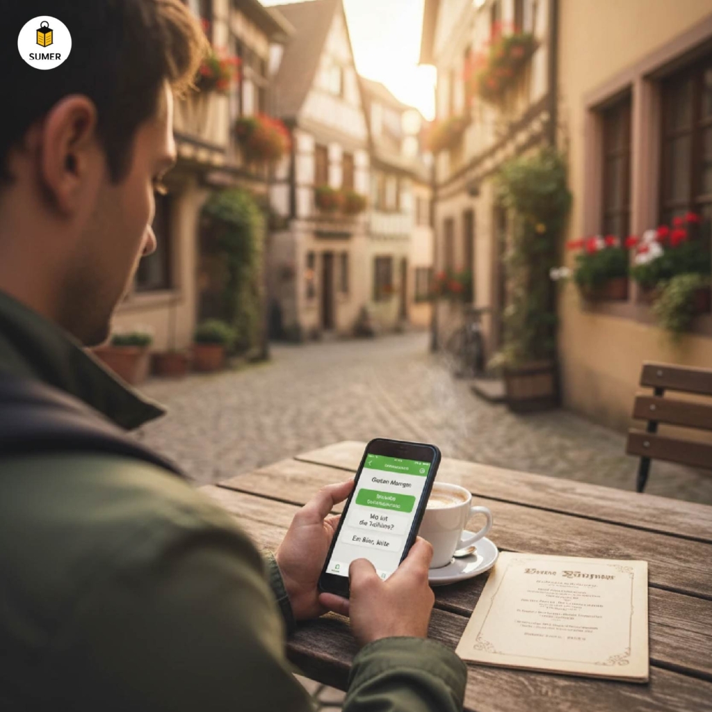 فردی در یک کافه در آلمان که با استفاده از اپلیکیشن آموزش زبان روی گوشی هوشمند خود در حال یادگیری عبارات آلمانی برای خواندن منو است.