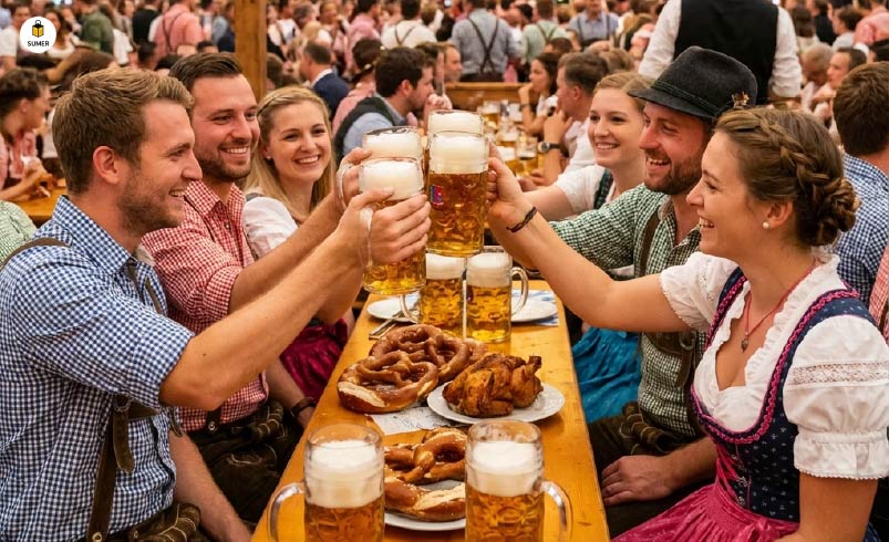 مردم با لباس‌های سنتی باواریا (لدرهوزن و درندل) در حال نوشیدن آبجو در جشن اکتبرفست مونیخ