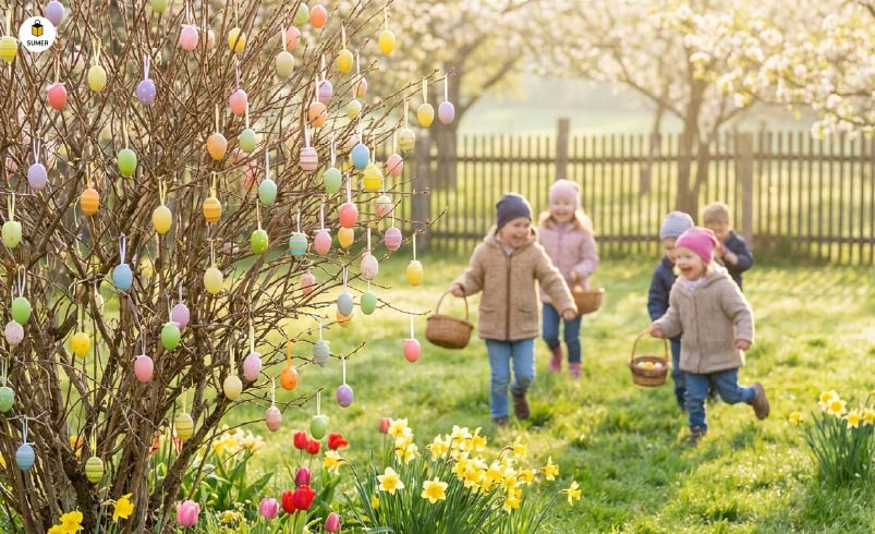 درخت تزئین شده با تخم‌مرغ‌های رنگی (Osterbaum) و کودکان در حال جستجو برای پیدا کردن تخم‌مرغ عید پاک در طبیعت