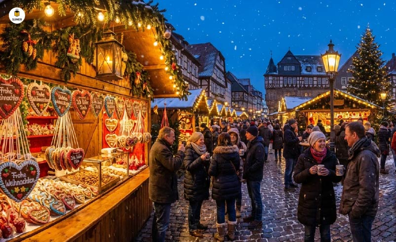 بازار کریسمس سنتی در آلمان با غرفه‌های چوبی، نورپردازی شبانه و مردم در حال خرید شیرینی و نوشیدنی گرم
