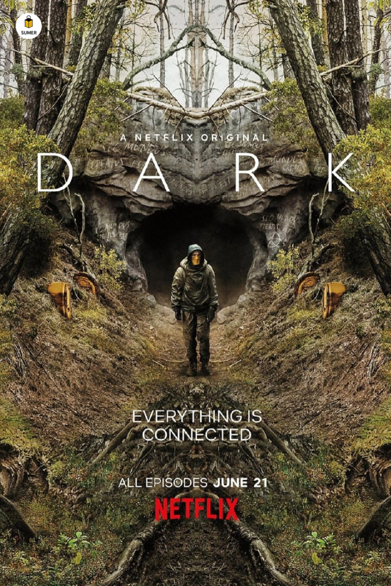 پوستر سریال آلمانی Dark با شعار "Everything is connected" (همه چیز به هم مرتبط است). یک سریال علمی-تخیلی پیچیده برای زبان‌آموزان سطح پیشرفته (B2/C1).