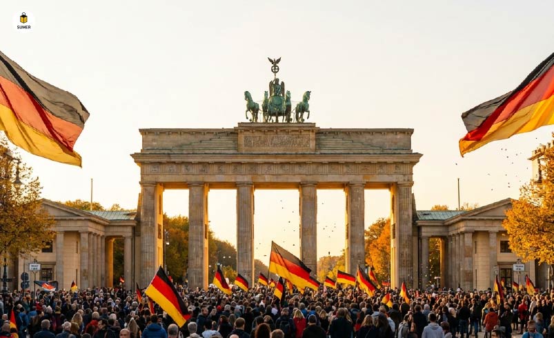 تجمع مردم و پرچم‌های آلمان در مقابل دروازه براندنبورگ برلین به مناسبت جشن روز وحدت آلمان