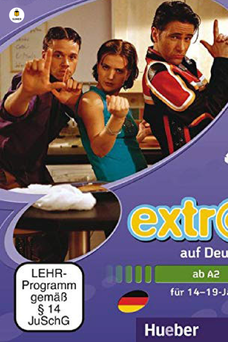پوستر سریال آموزشی آلمانی Extra auf Deutsch با تصویری از چهار شخصیت اصلی در حالتی کمدی، گزینه‌ای محبوب برای زبان‌آموزان سطح A2.