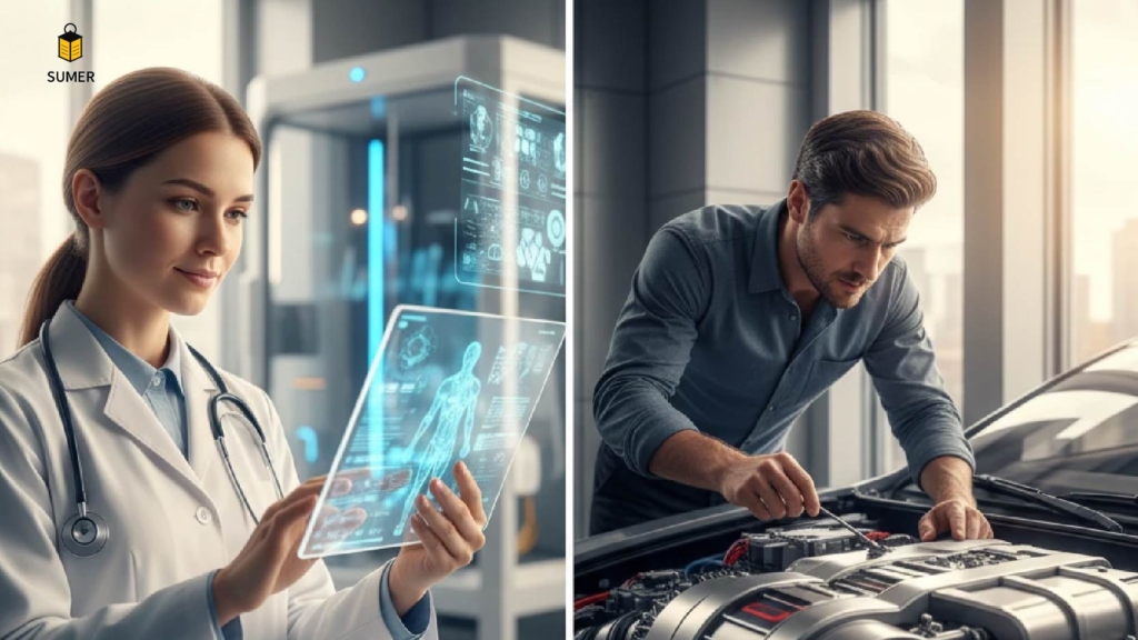 تصویر دو تکه از یک پزشک زن در حال کار با تکنولوژی پیشرفته پزشکی و یک مهندس مکانیک مرد در حال تعمیر موتور خودروی مدرن در آلمان.