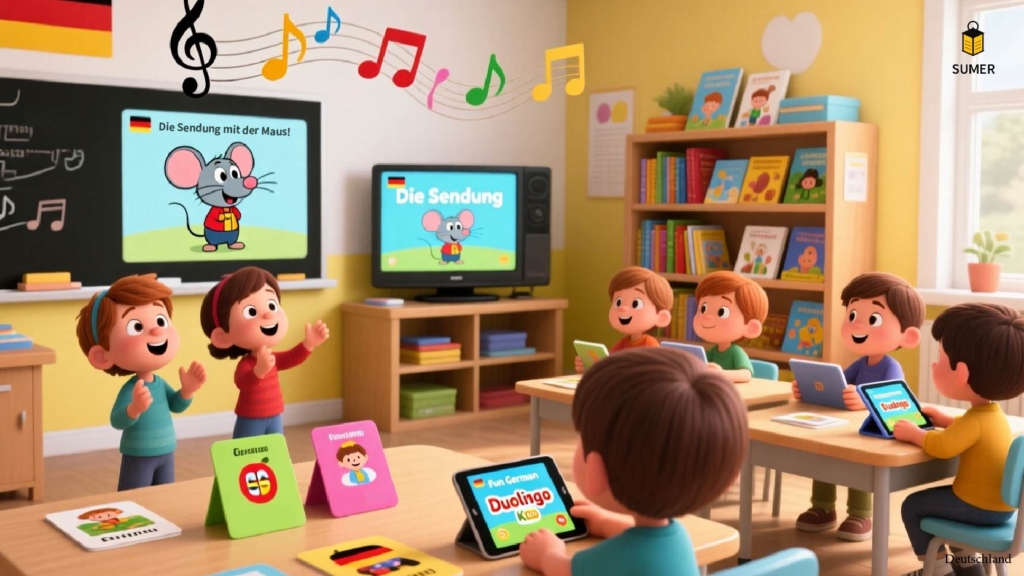 کلاس آموزش زبان آلمانی به کودکان با استفاده از تبلت، فلش کارت و تماشای کارتون "Die Sendung mit der Maus