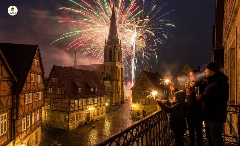 آتش‌بازی خیره‌کننده شب سال نو در آسمان یک شهر قدیمی آلمان و خانواده‌ای که روی بالکن با فشفشه جشن گرفته‌اند